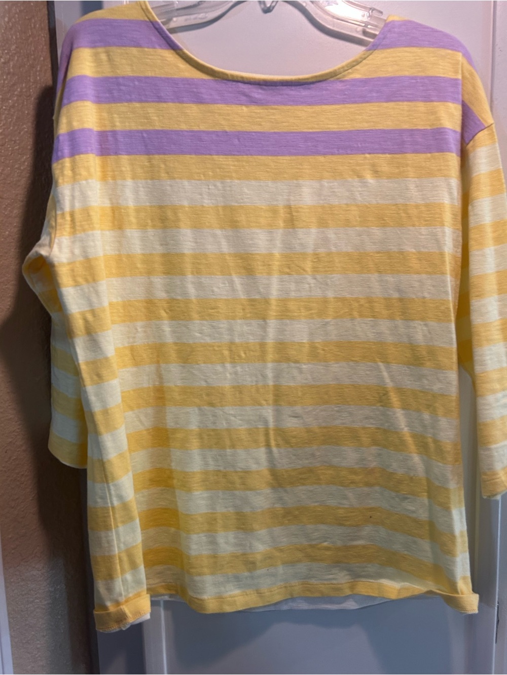 Striped Yellow, Purple & White. Women’s Long Sleeve Top. D&Co